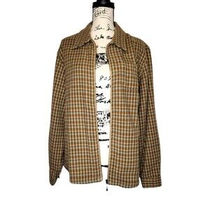 Woolrich Wool Blend Full Zip Shacket Womens LG Brown Plaid Shirt Jacket Boho